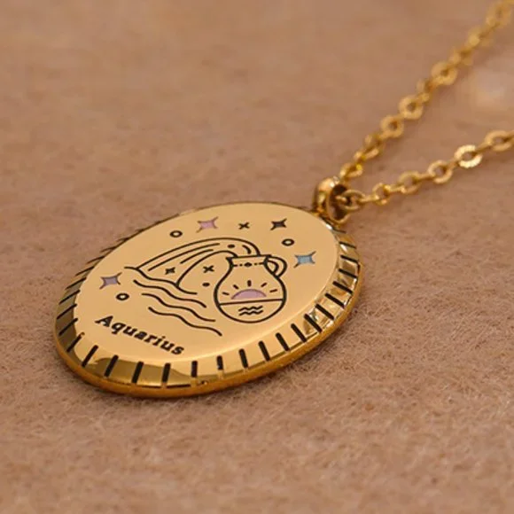 AQUARIUS--NEW 18K Gold Plated Sign Zodiac Oval Pendant Necklace - Picture 1 of 5